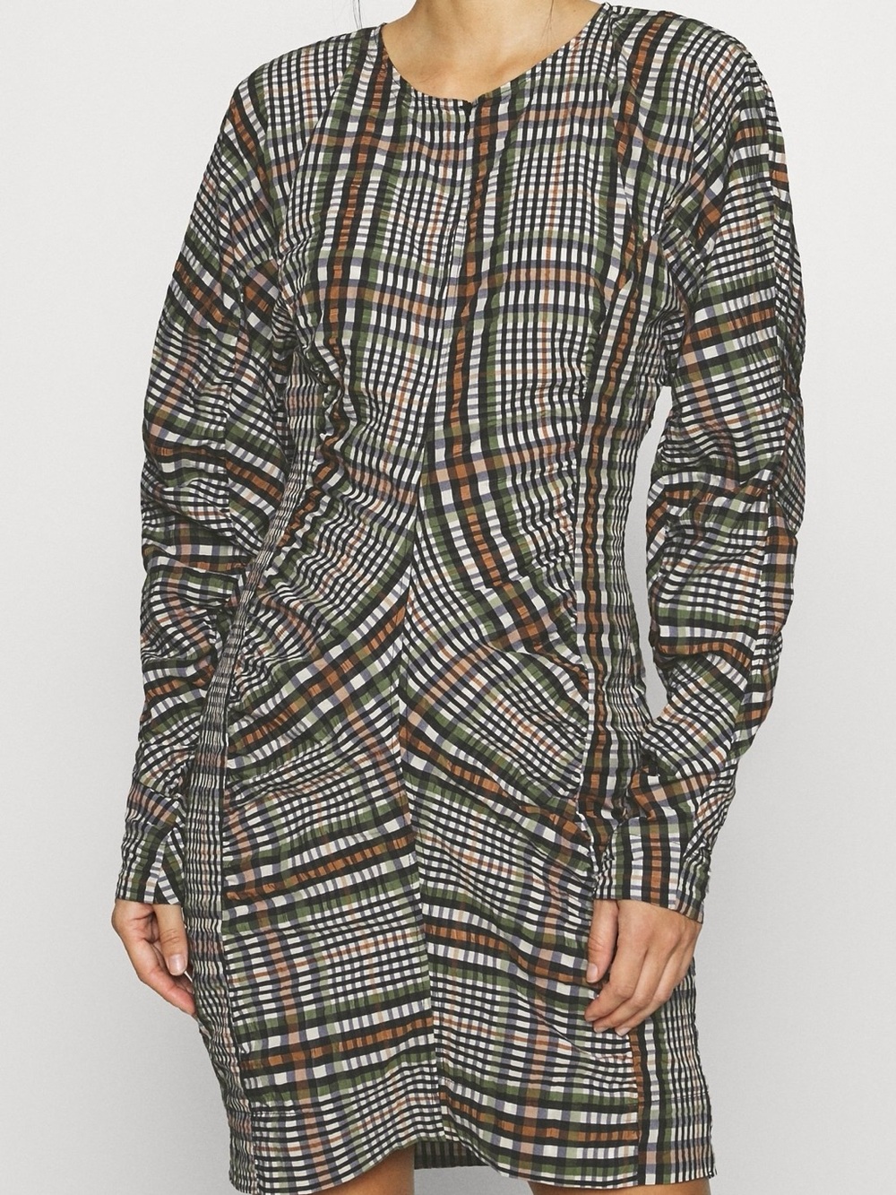 Just Female Checkered Plaid Gathered Mini Dress Long Sleeve Fitted Medium